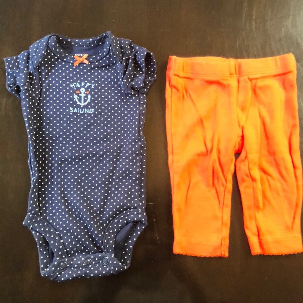 Blue onesie with orange pants